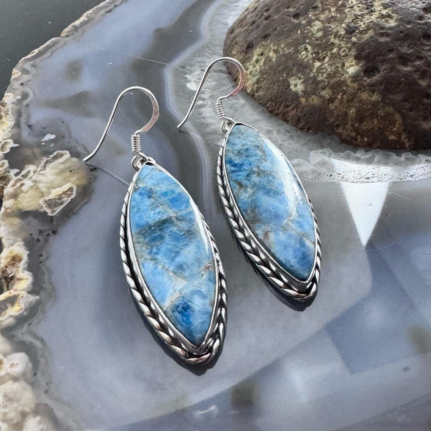 Sterling Silver Southwestern Style Elongated Marquise Blue Apatite Dangle Earrings For Women