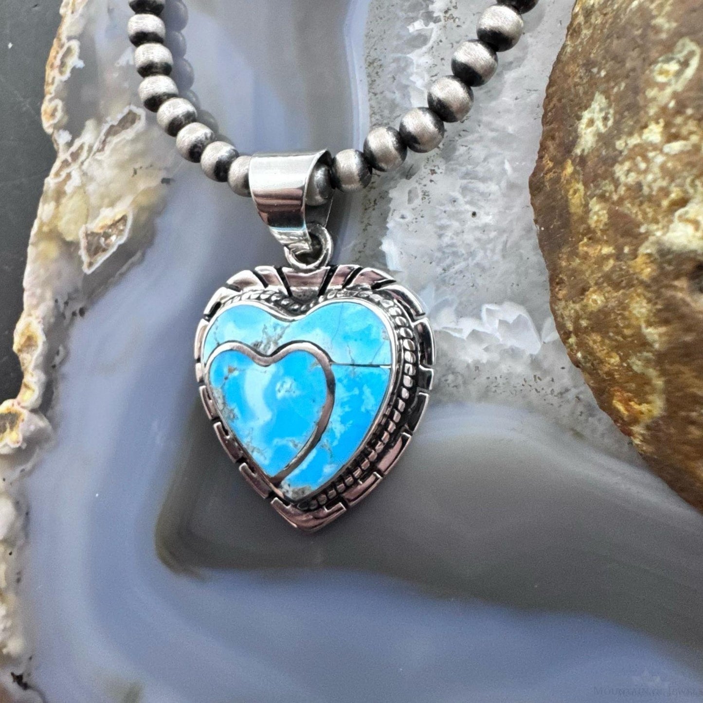Native American Sterling Silver Blue Ridge Turquoise Decorated Double Heart Pendant For Women #1