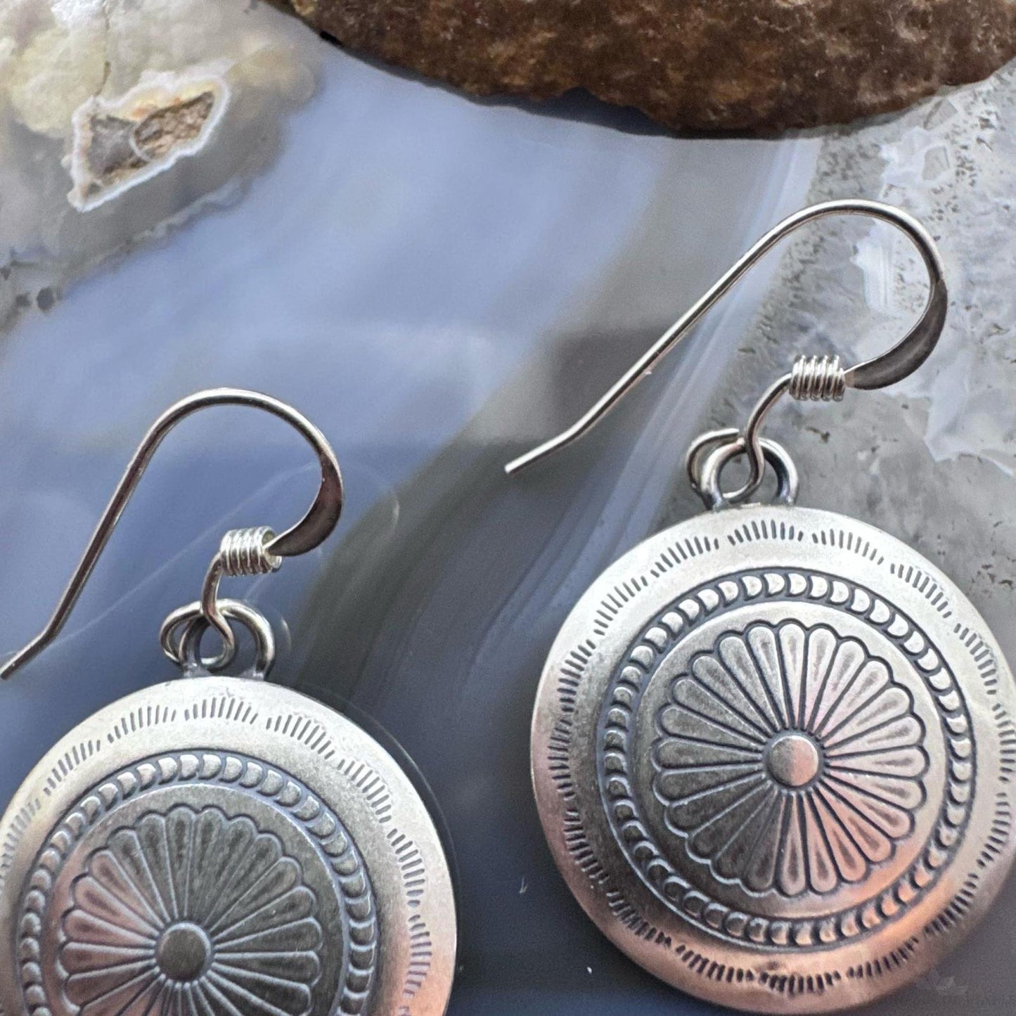Native American Sterling Silver Stamped Rounded Concho Dangle Earrings For Women