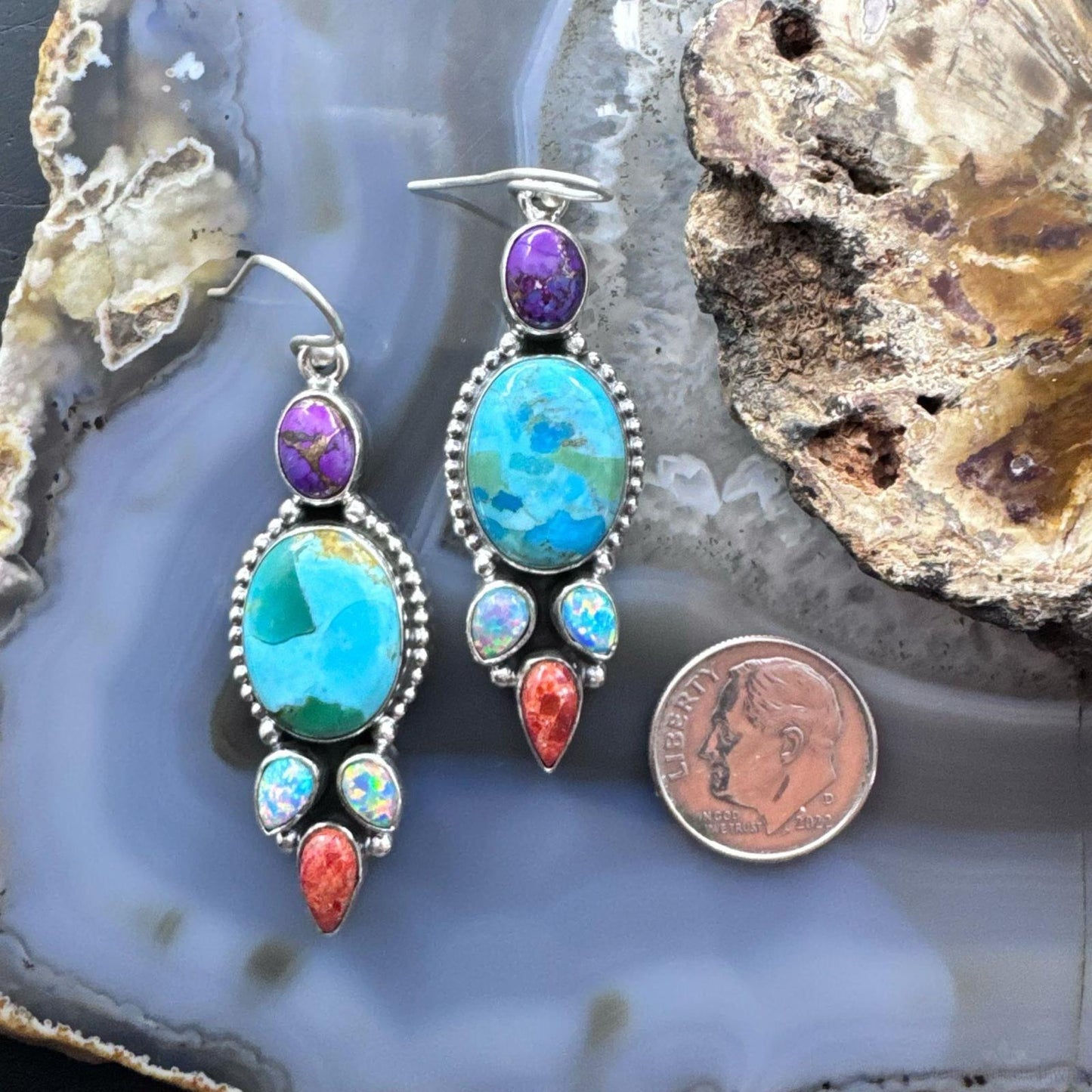 Sterling Silver Southwestern Style Multistone Cluster Dangle Earrings For Women #15