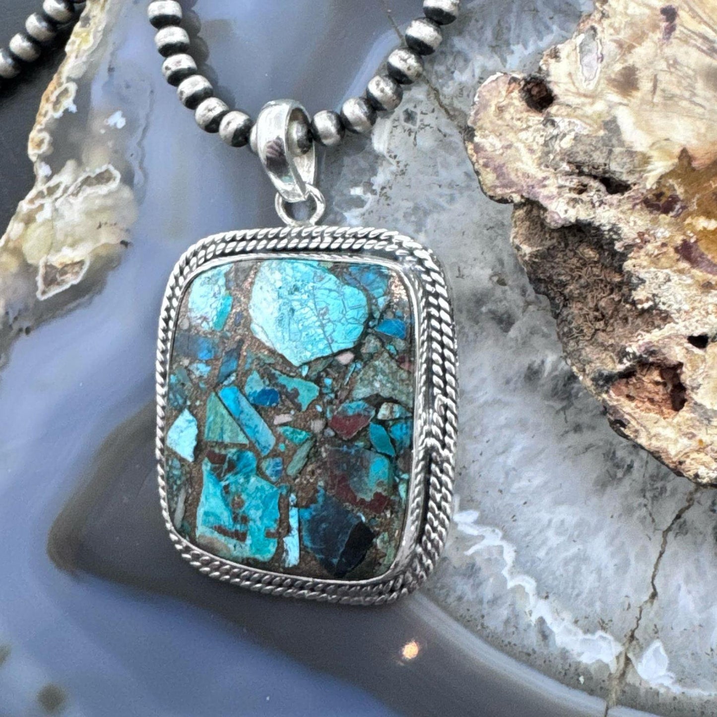 Sterling Silver Southwestern Style Large Square Cooper Turquoise Pendant For Women