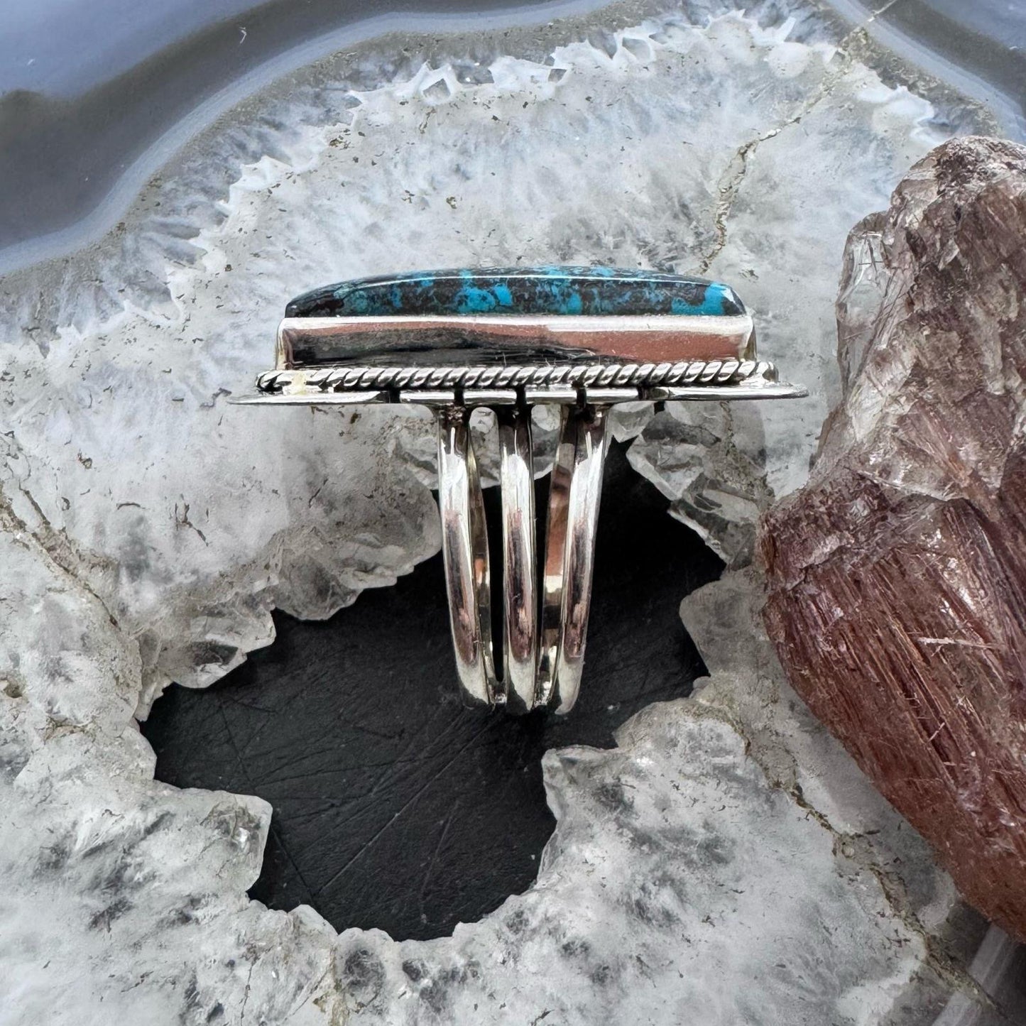 Sterling Silver Southwestern Style Azurite Decorated Bar Size 8 Ring For Women