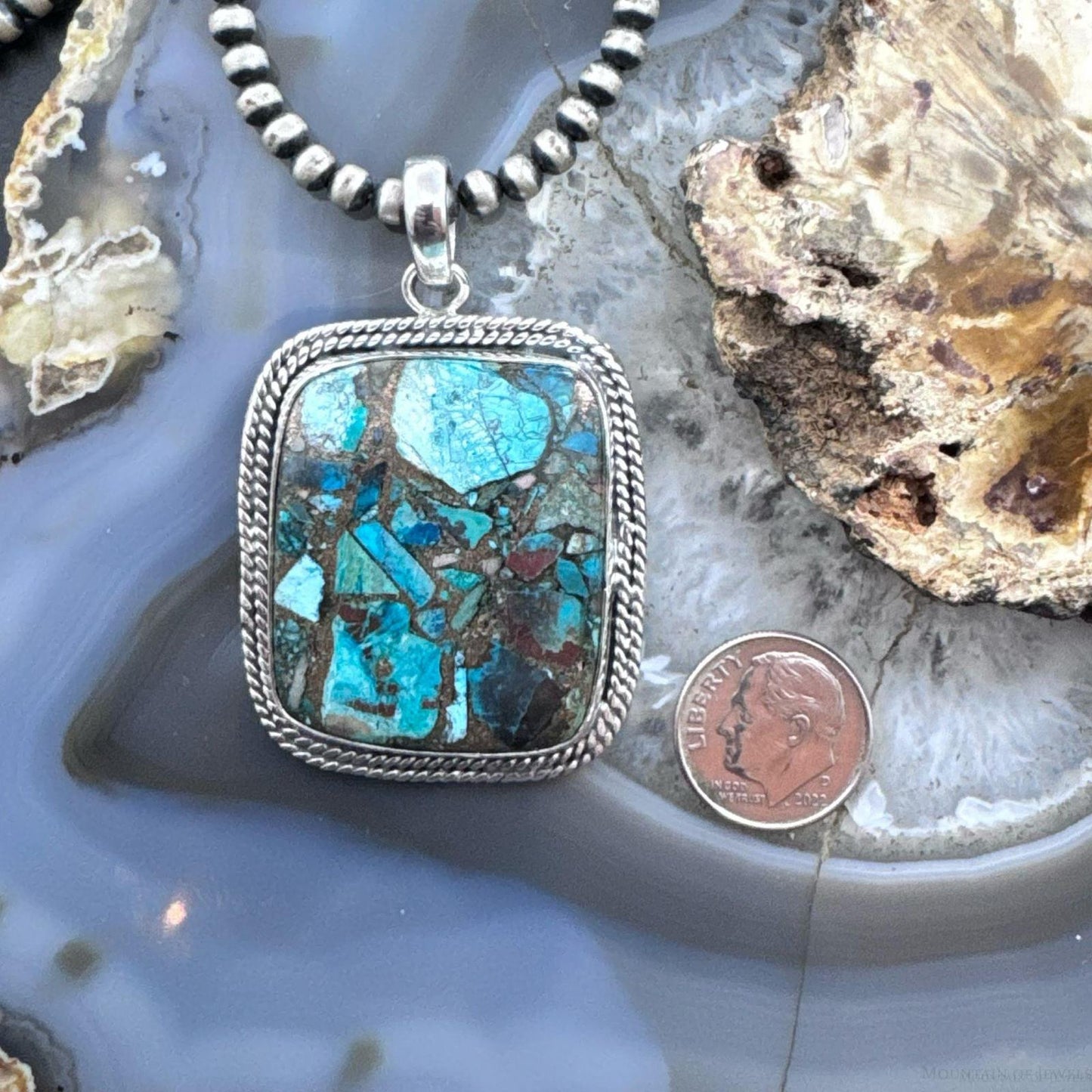 Sterling Silver Southwestern Style Large Square Cooper Turquoise Pendant For Women