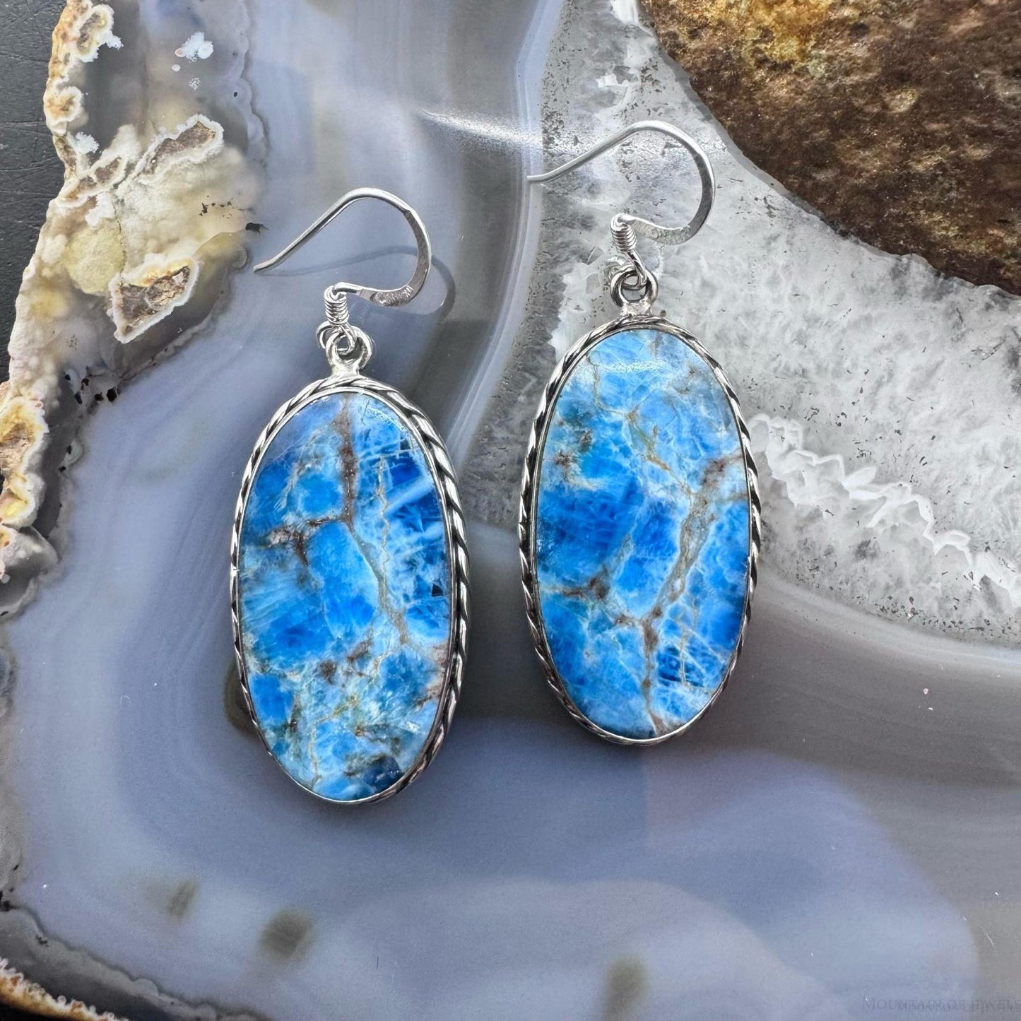 Sterling Silver Southwestern Style Oval Apatite Dangle Earrings For Women