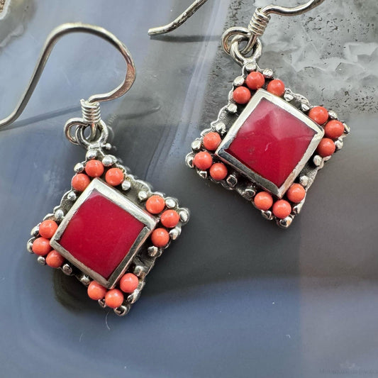 Sterling Silver Southwestern Style Red Gemstone Tiny Dangle Earrings For Women