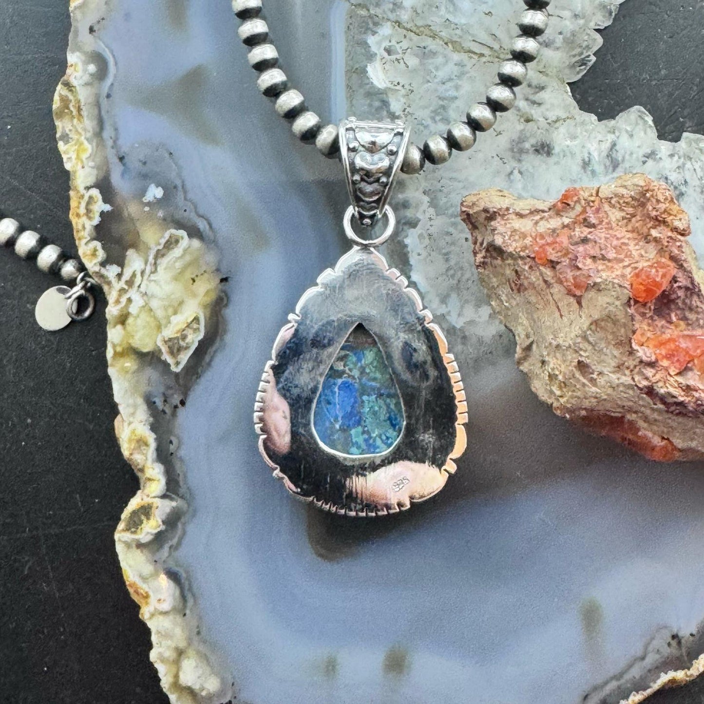 Sterling Silver Southwestern Style Teardrop Azurite Malachite Decorated Pendant