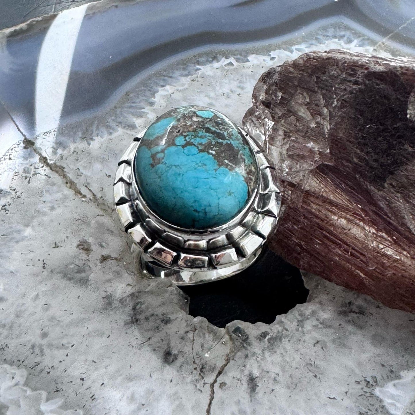 Sterling Silver Southwestern Style Oval Tibetan Turquoise Ring Size 7.5 For Women