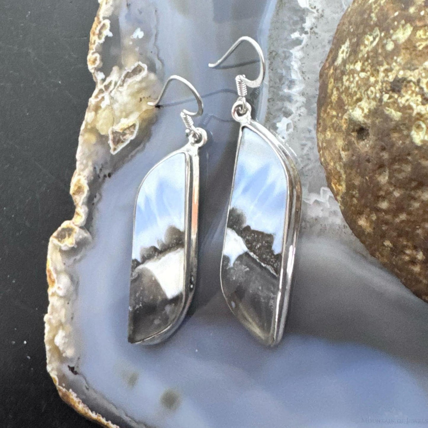 Sterling Silver Southwestern Style Tilde-shape Blue Opal Agate Dangle Earrings For Women