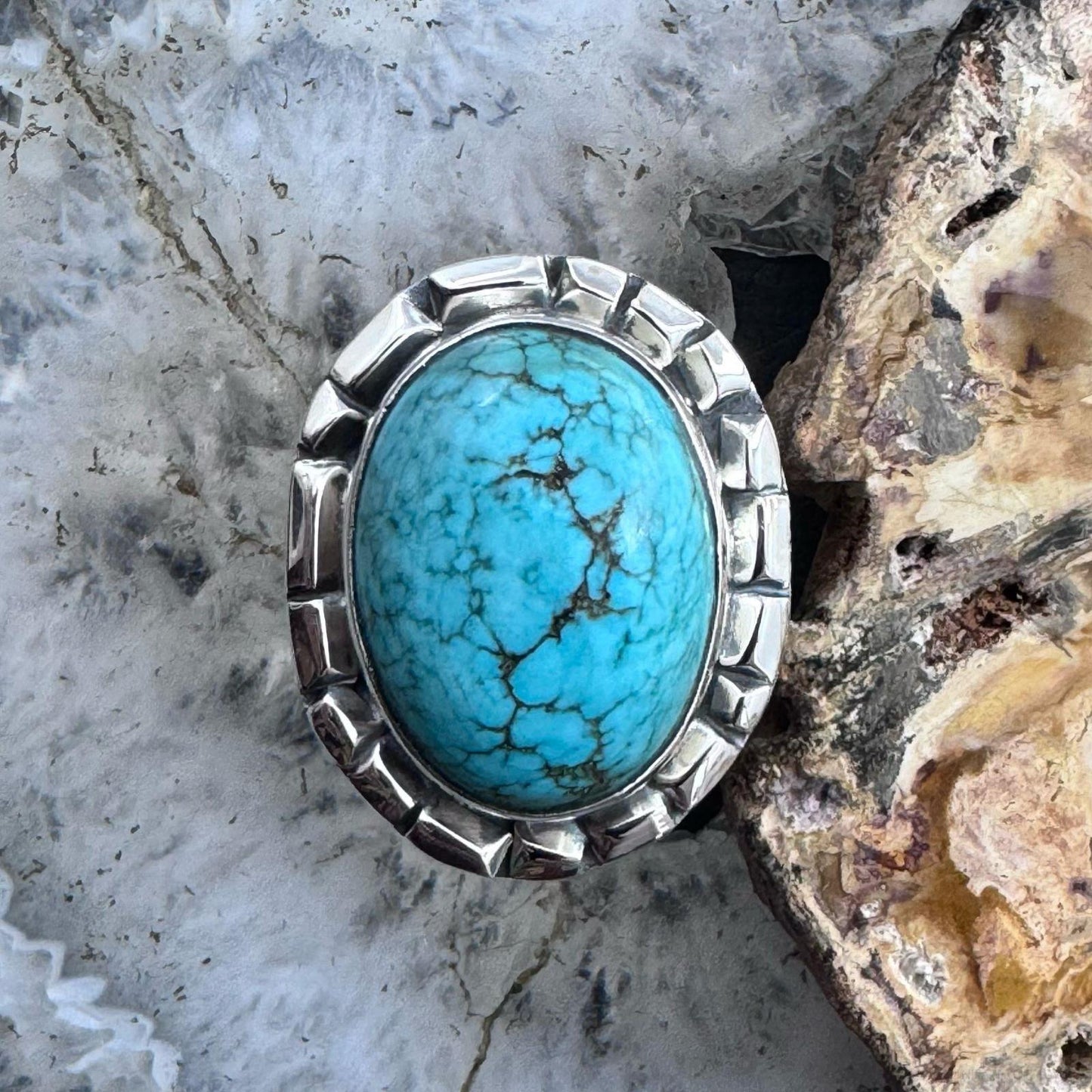 Sterling Silver Southwestern Style Oval Tibetan Turquoise Ring Size 8.75 For Women