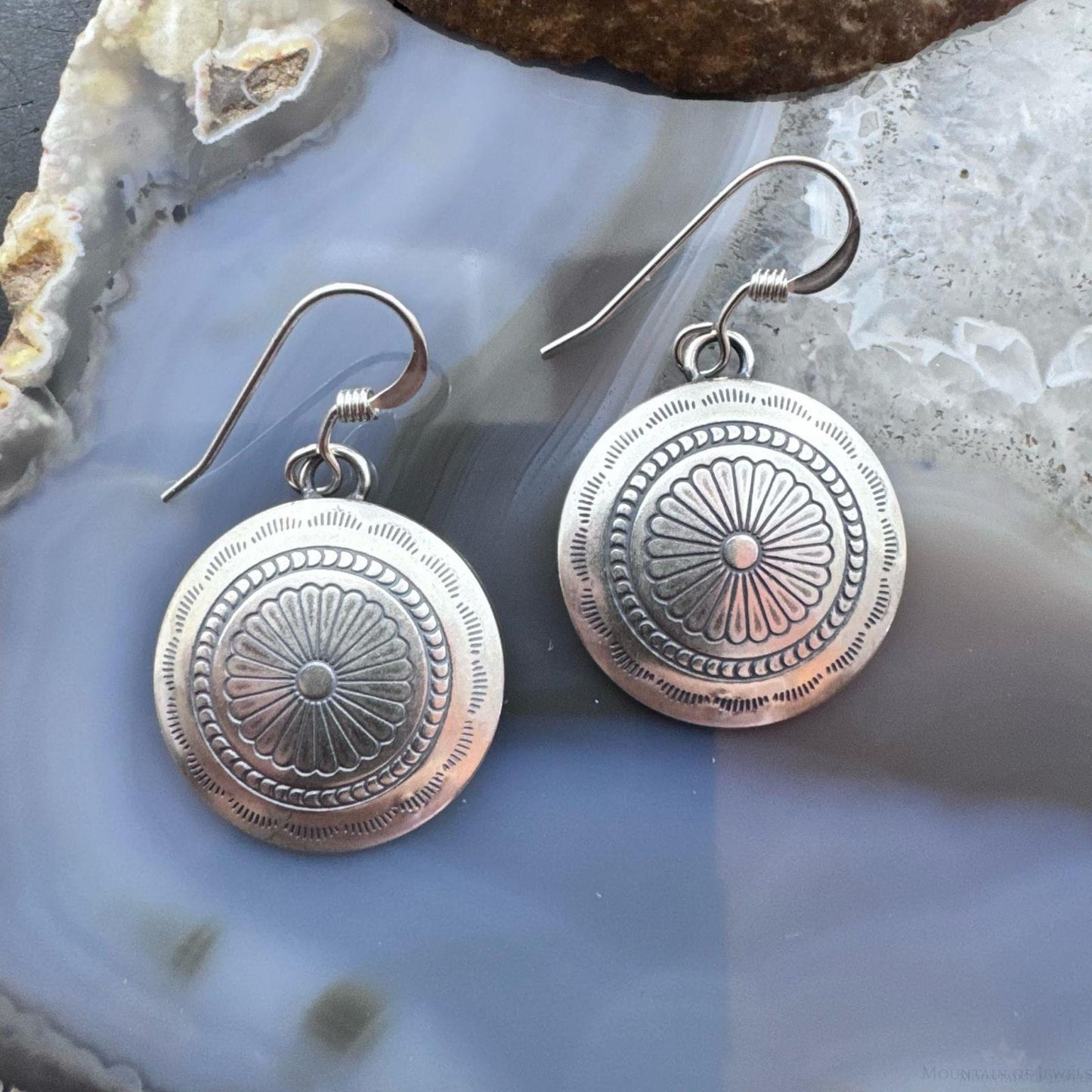 Native American Sterling Silver Stamped Rounded Concho Dangle Earrings For Women
