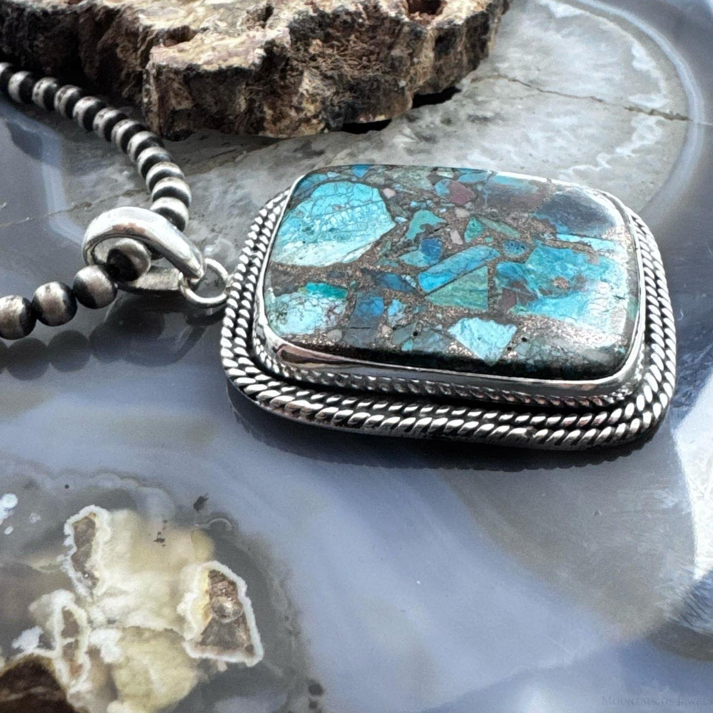 Sterling Silver Southwestern Style Large Square Cooper Turquoise Pendant For Women