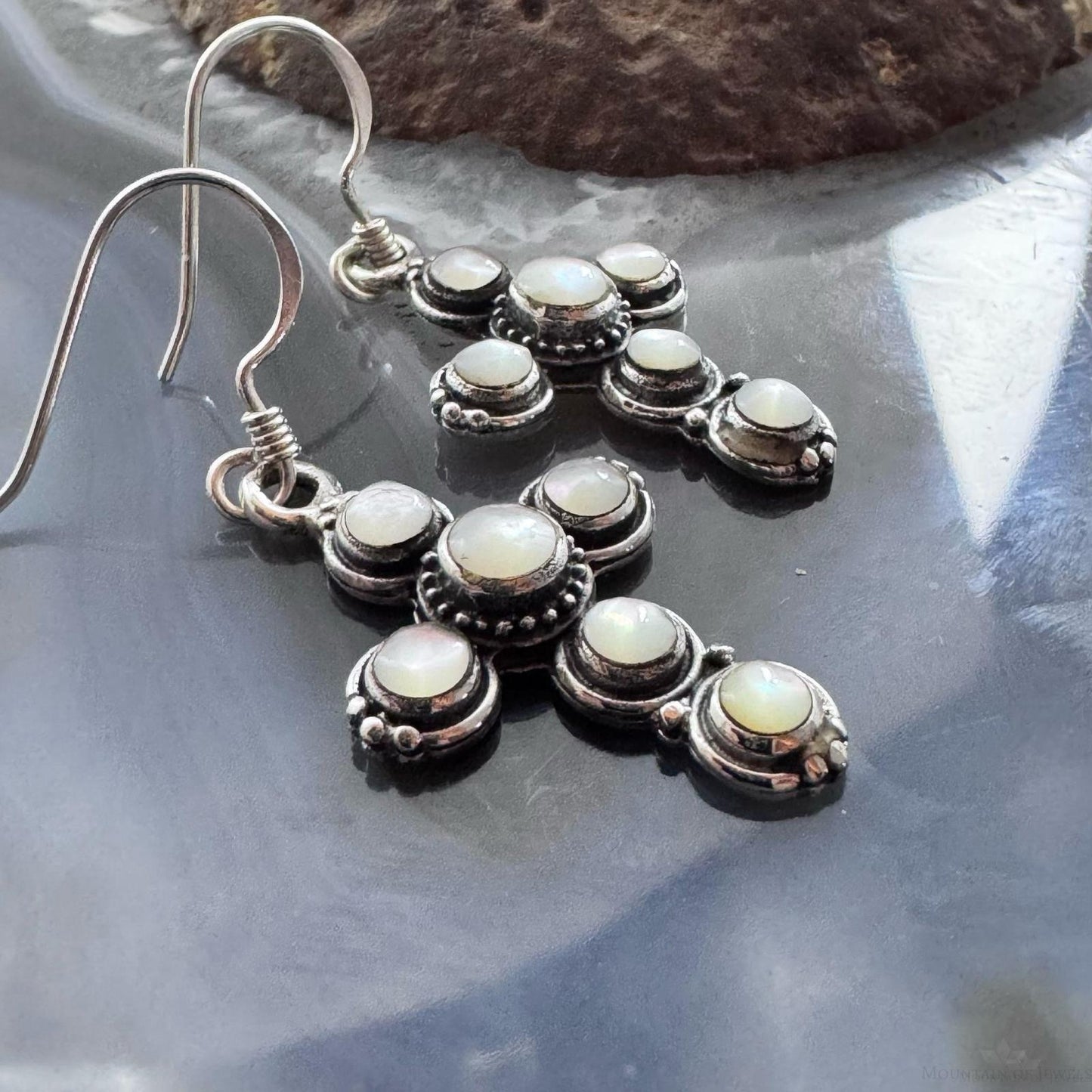 Sterling Silver 6 Moonstone Decorated Cross Fashion Dangle Earrings For Women