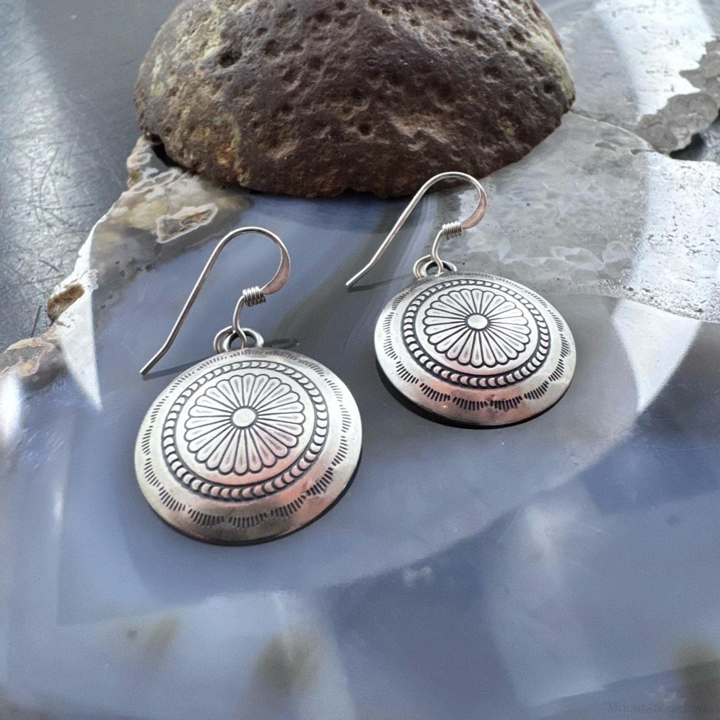 Native American Sterling Silver Stamped Rounded Concho Dangle Earrings For Women