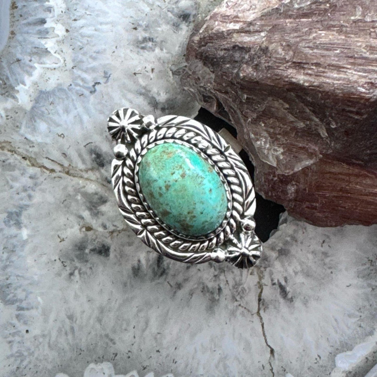Sterling Silver Southwestern Style Oval Turquoise Decorated Adjustable Ring For Women