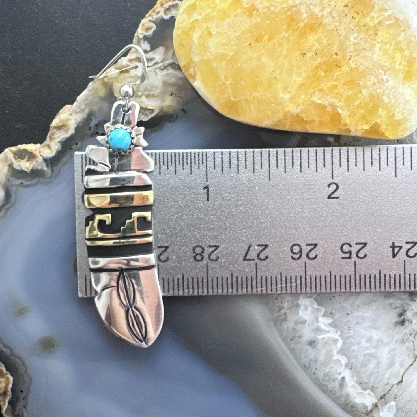 Tommy & Rosita Singer Sterling Silver & Gold Filled Turquoise Dot Feather Dangle Earrings For Women