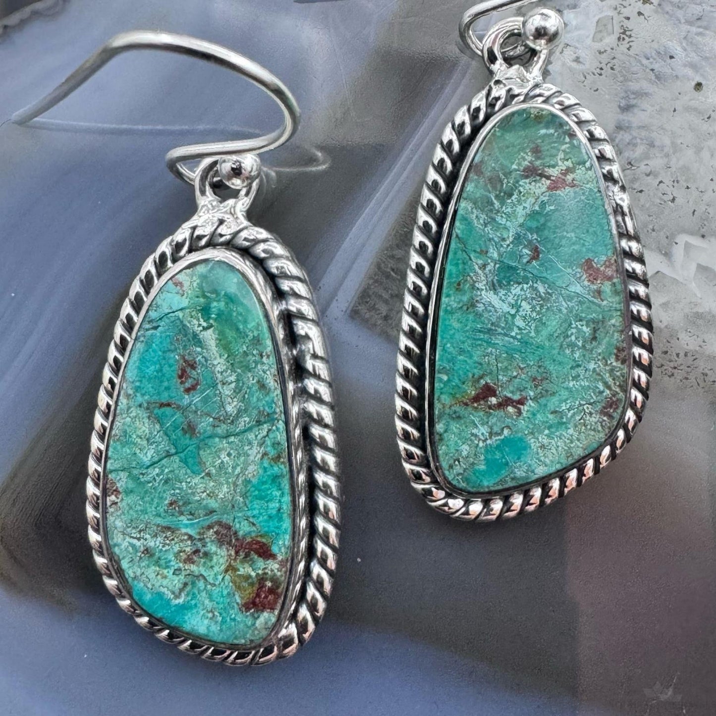 Sterling Silver Southwestern Style Green Shattuckite Dangle Earrings For Women