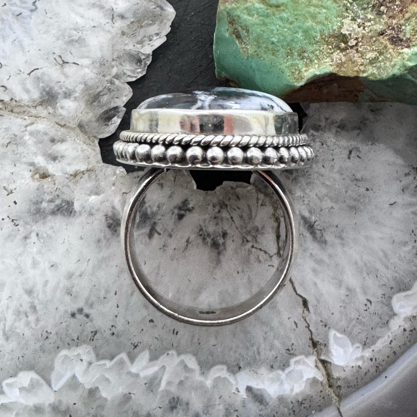 Sterling Silver Southwestern Style Oval Dendrite Decorated Ring Size 7 For Women