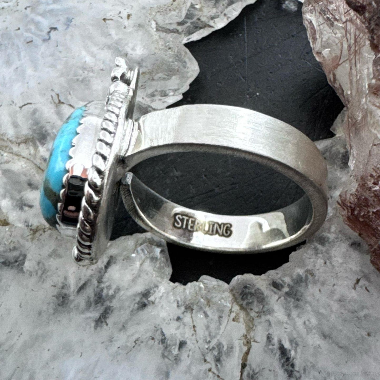 Sterling Silver Southwestern Style Teardrop Turquoise Decorated Adjustable Ring For Women