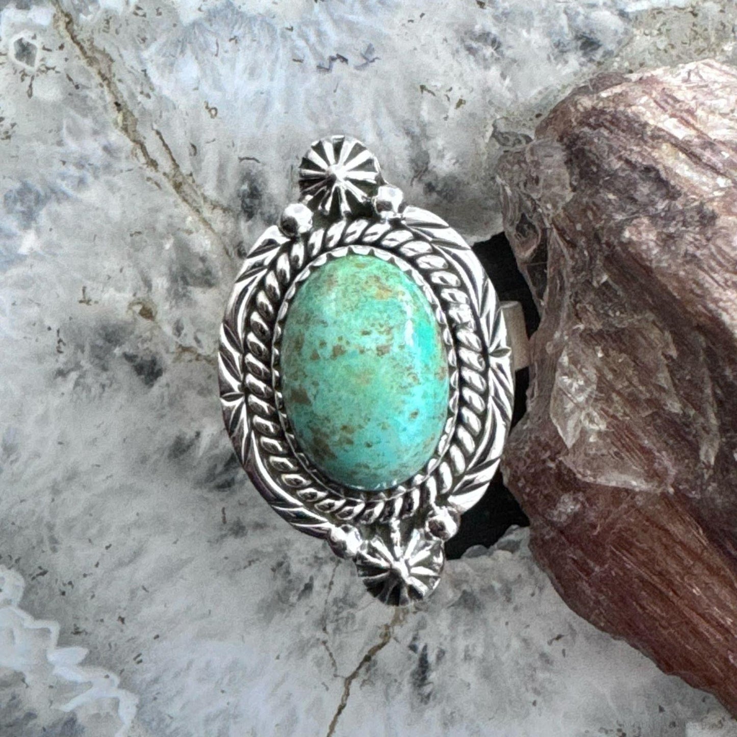 Sterling Silver Southwestern Style Oval Turquoise Decorated Adjustable Ring For Women