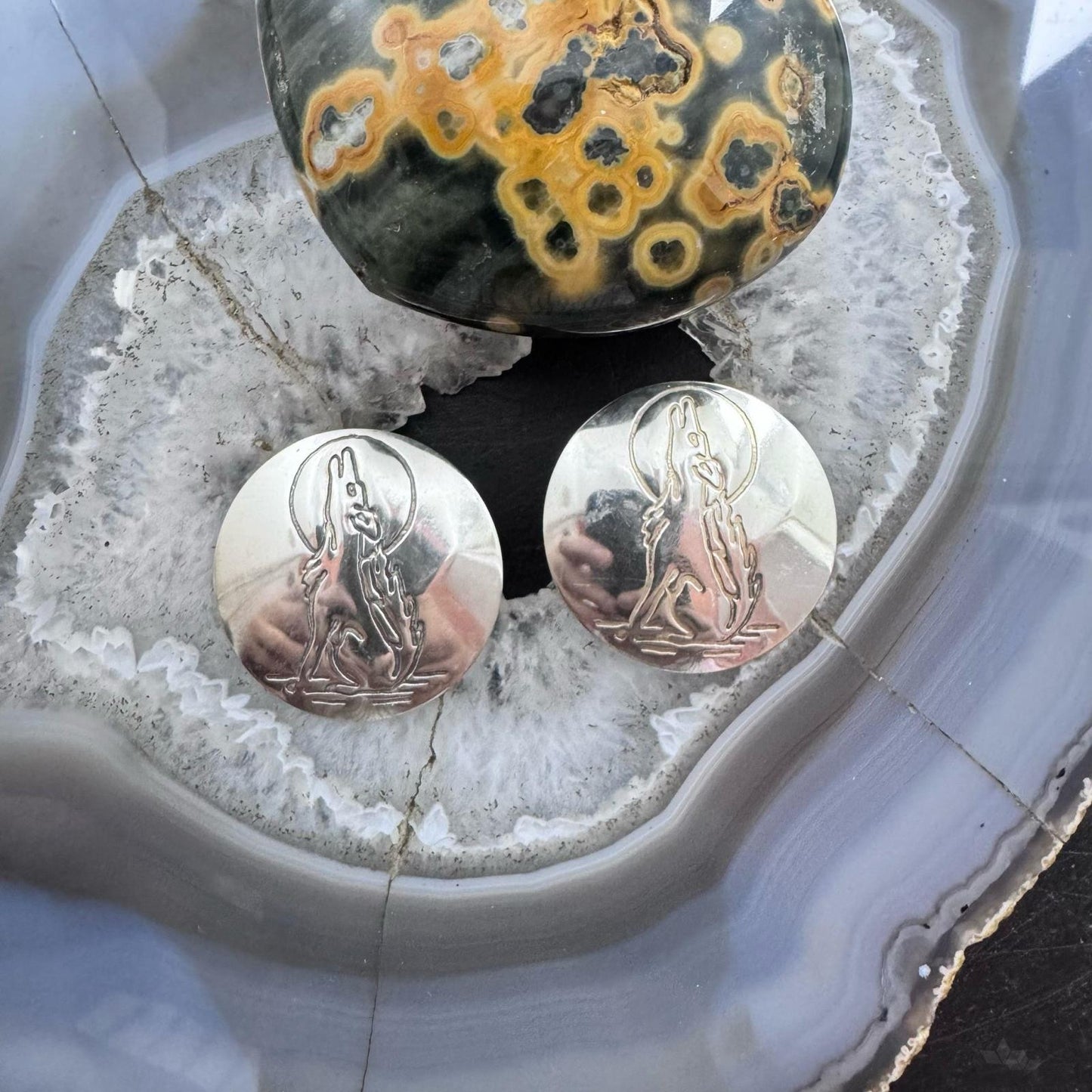 Native American Silver Stamped Coyote Rounded Post Earrings For Women