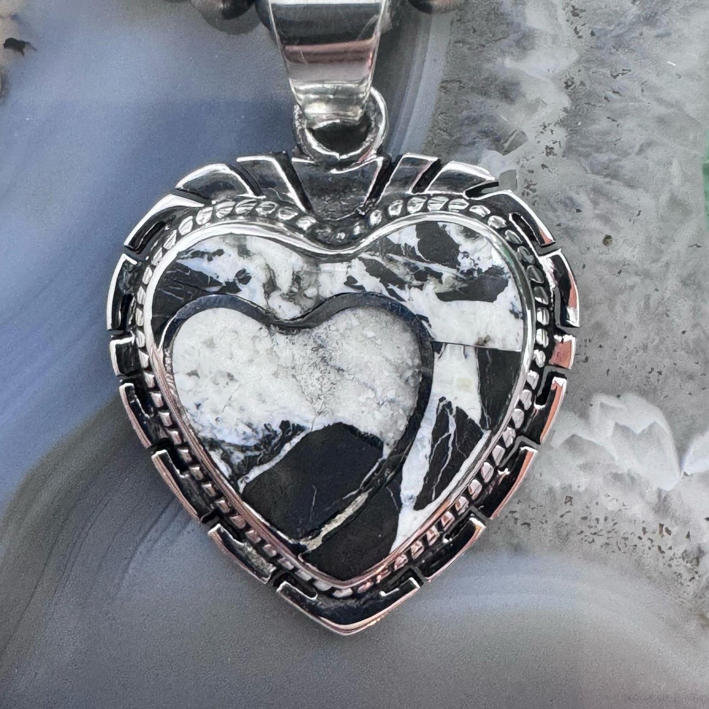 Native American Sterling Silver White Buffalo Decorated Double Heart Pendant For Women