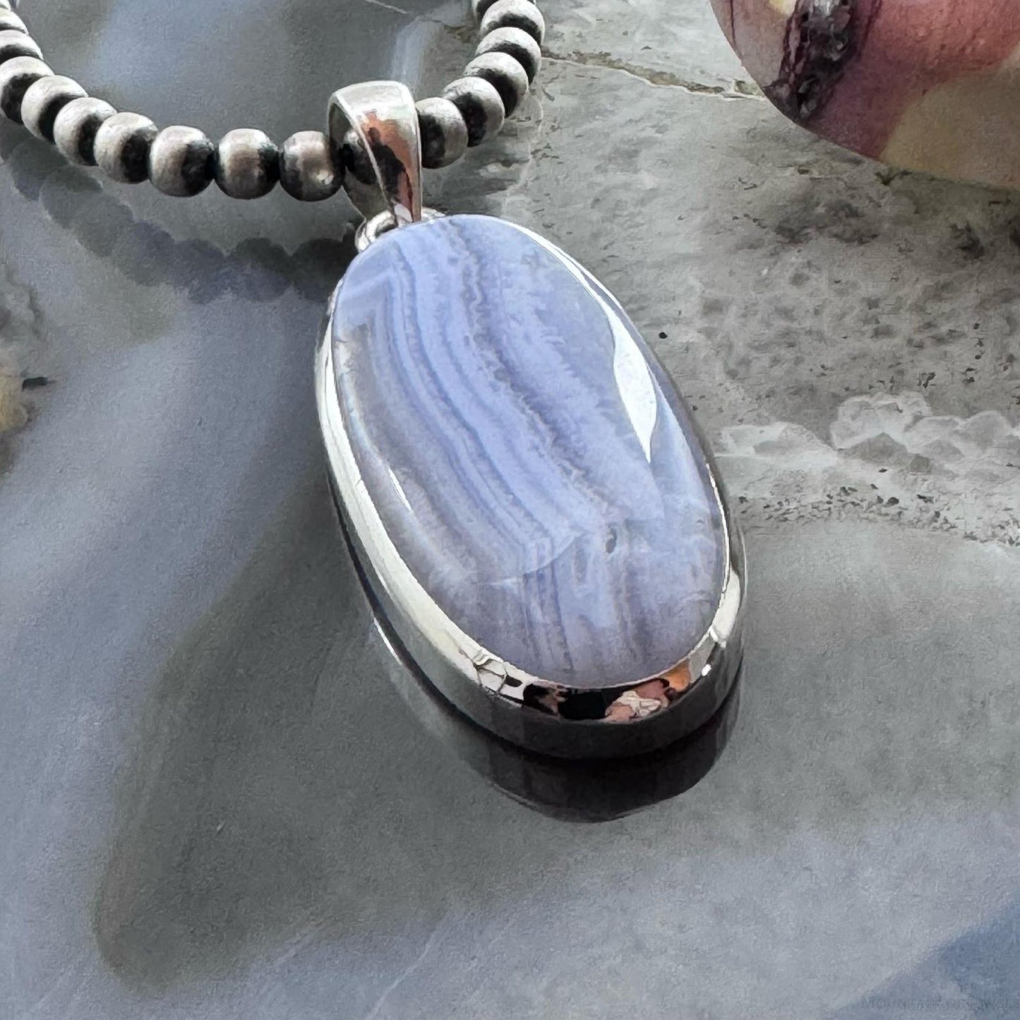 Sterling Silver Southwestern Style Elongated Oval Blue Lace Agate Pendant For Women