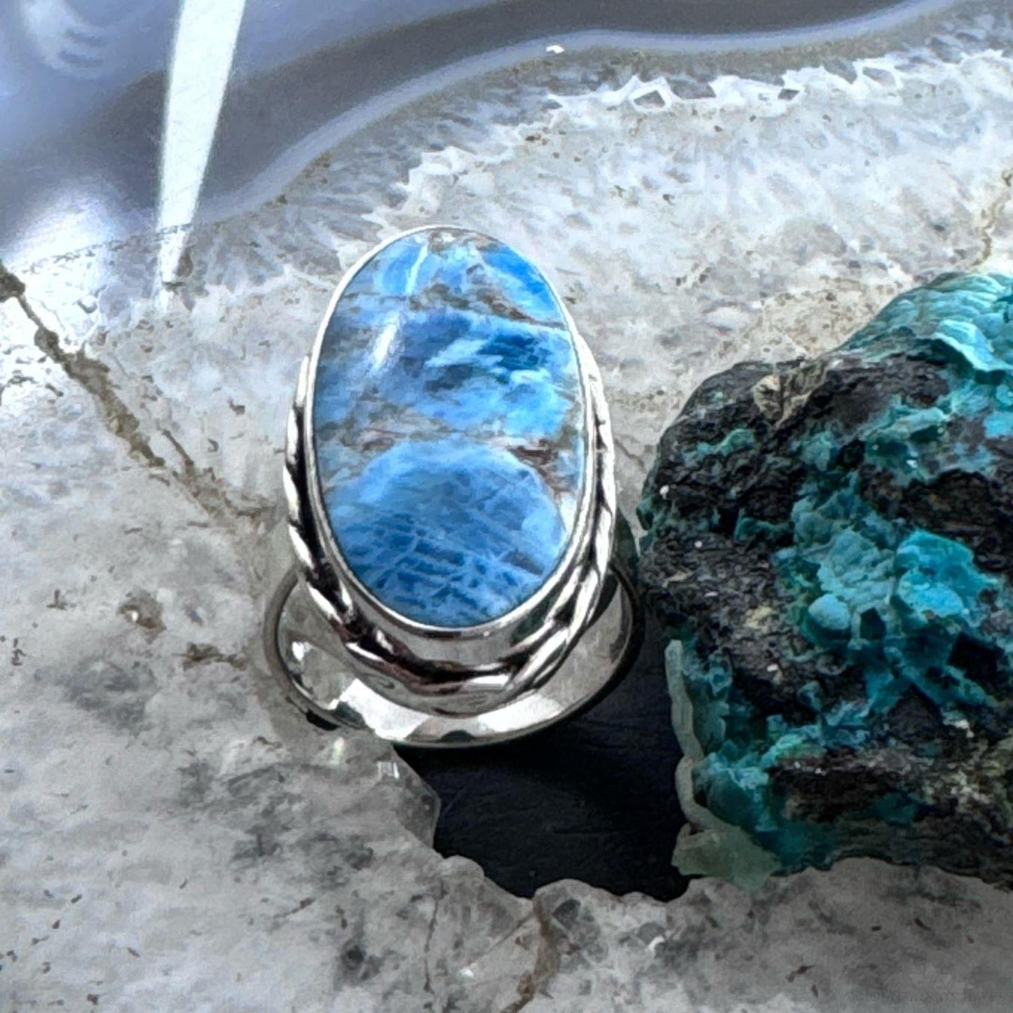 Sterling Silver Southwestern Style Oval Blue Apatite Ring Size 6.5 For Women