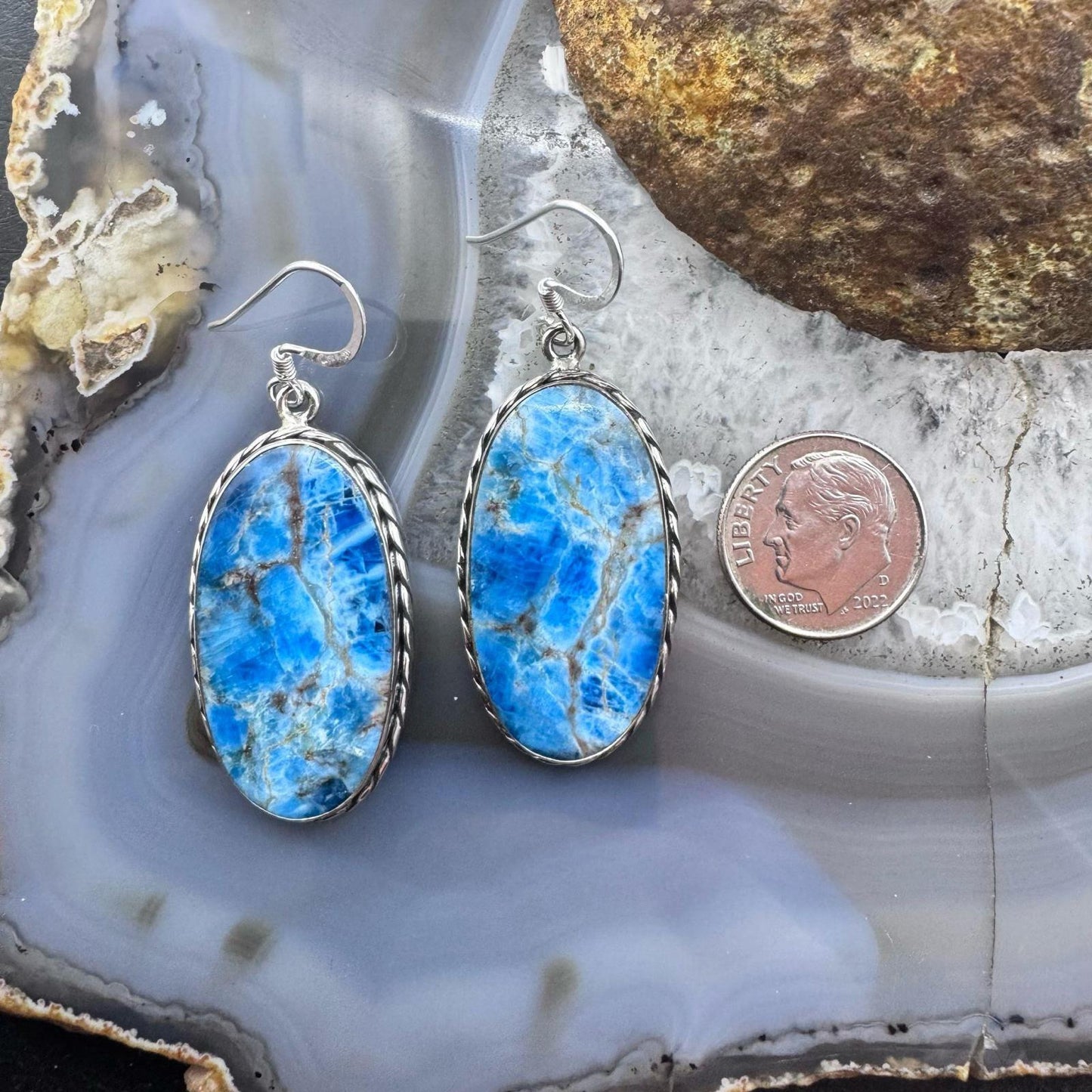 Sterling Silver Southwestern Style Oval Apatite Dangle Earrings For Women