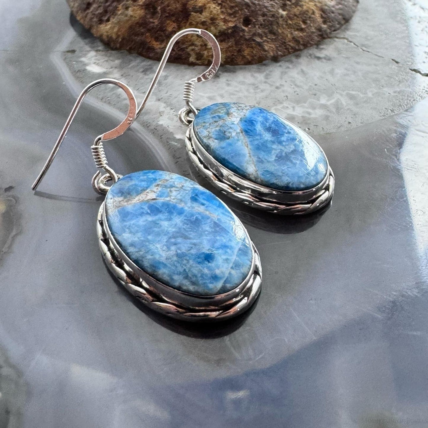 Sterling Silver Southwestern Style Oval Apatite Dangle Earrings For Women