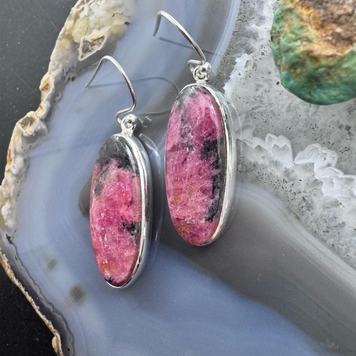 Sterling Silver Southwestern Style Oval Rhodonite Dangle Earrings For Women