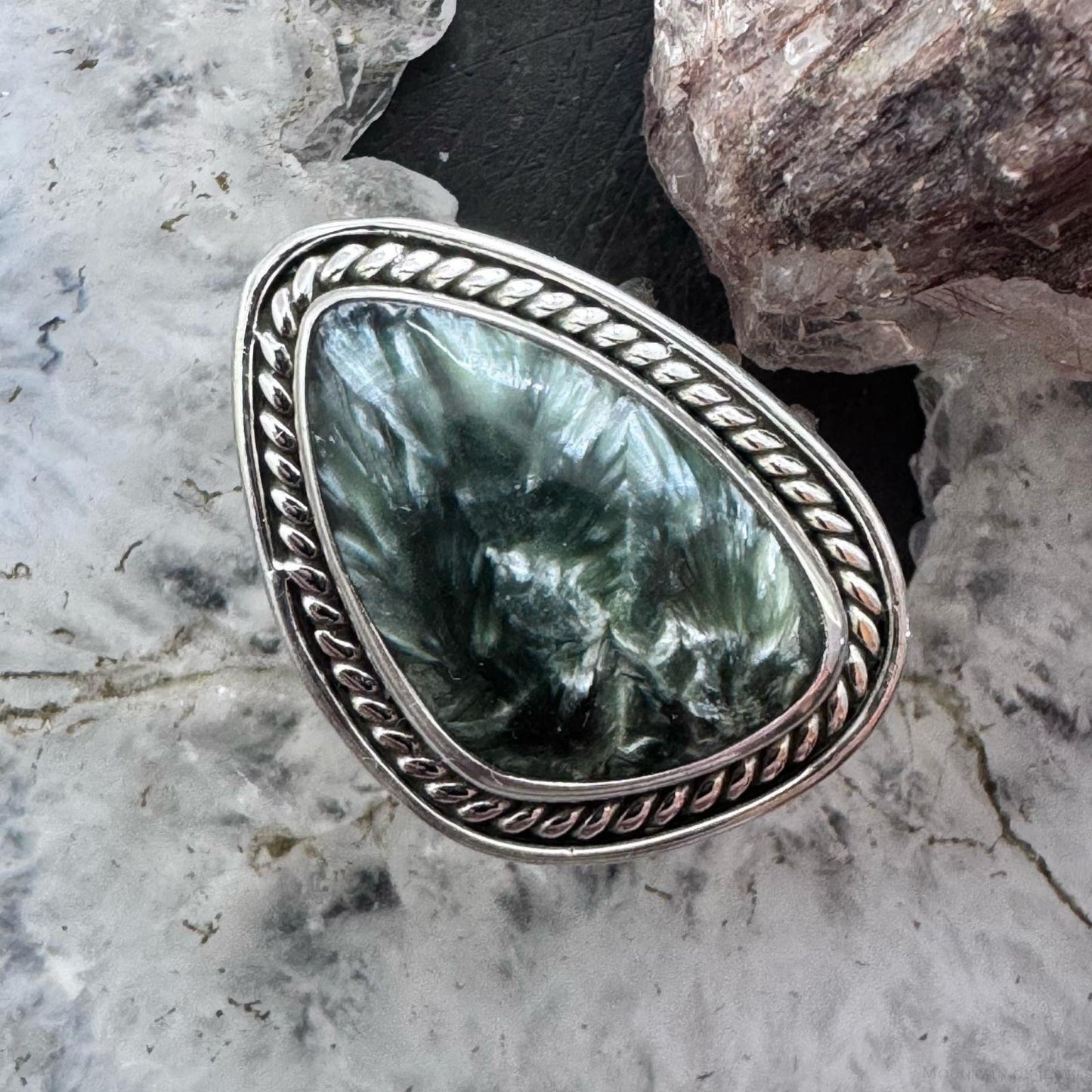 Sterling Silver Southwestern Style Teardrop Serpentine Ring Size 7.5 For Women