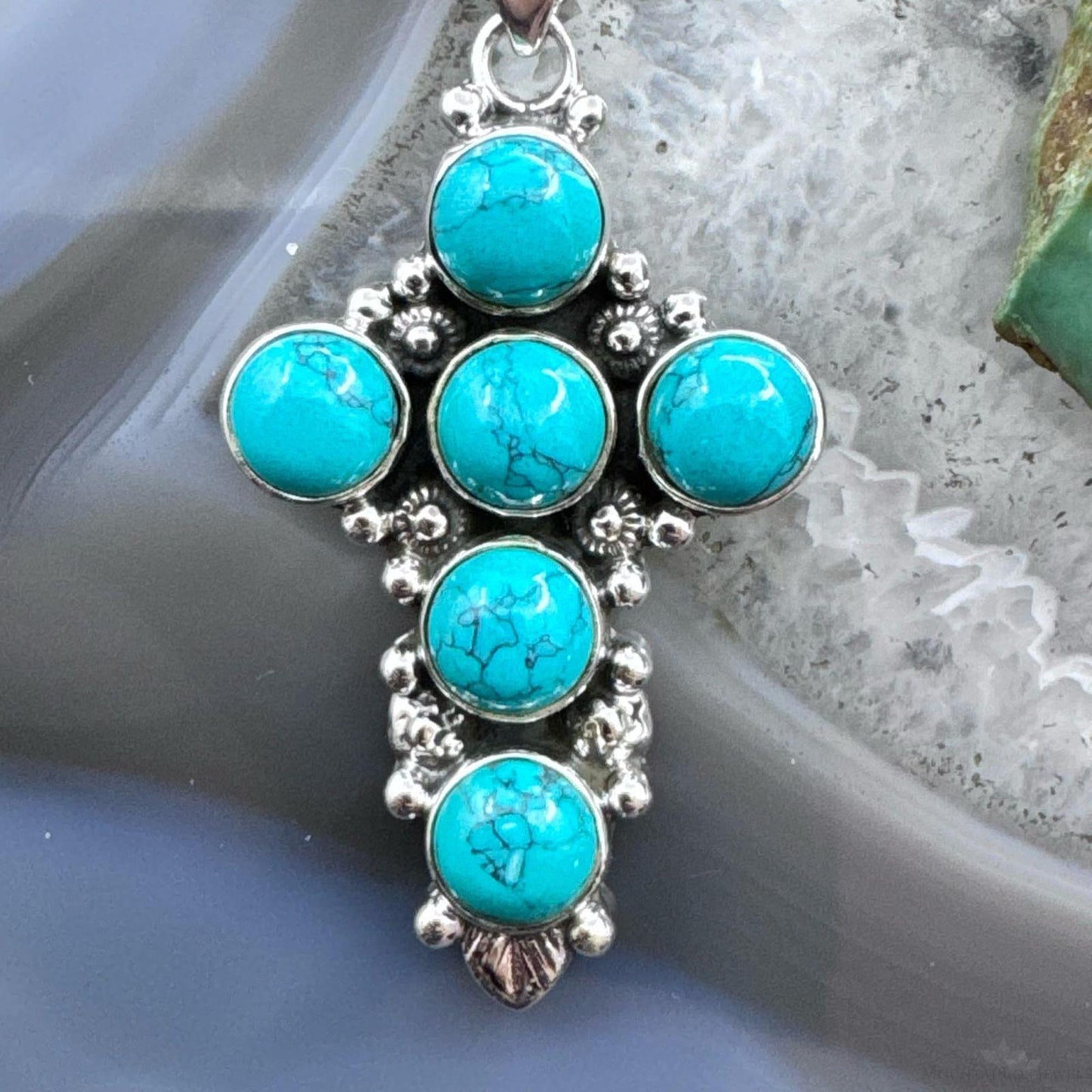 Sterling Silver Southwestern Style Rounded Blue Howlite Cross Pendant For Women