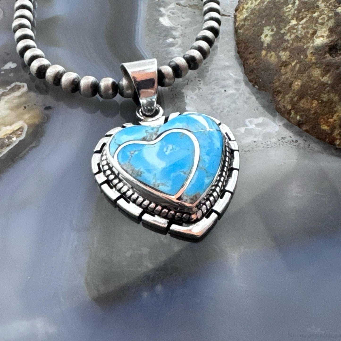 Native American Sterling Silver Blue Ridge Turquoise Decorated Double Heart Pendant For Women #1