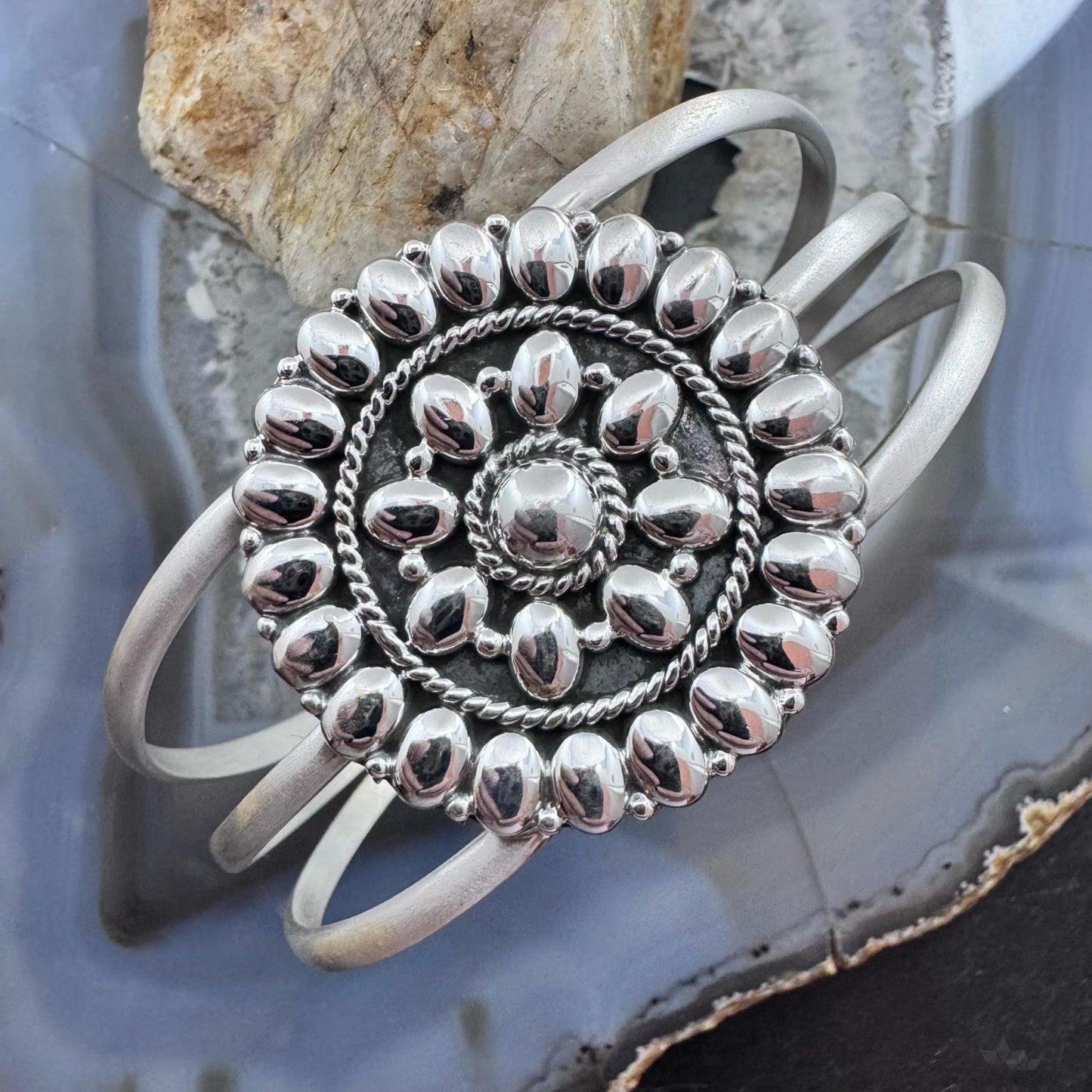 Sterling Silver Southwestern Style Flower Cluster Split Shank Bracelet For Women