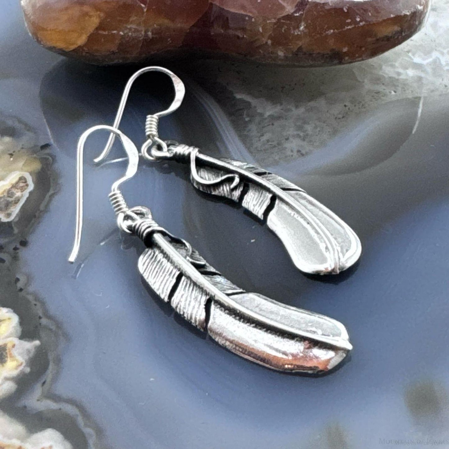 Sterling Silver Southwestern Style Curved Feather Dangle Earrings For Women