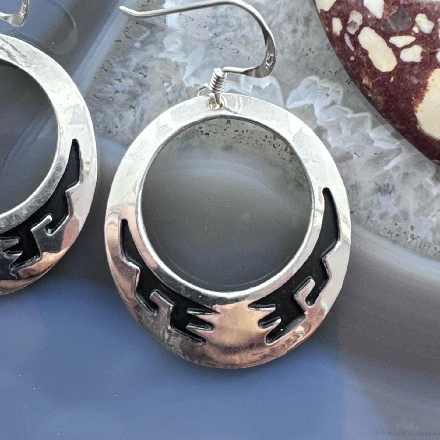 Tommy & Rosita Singer Sterling Silver Overlay Southwestern Motif Hoop Dangle Earrings For Women