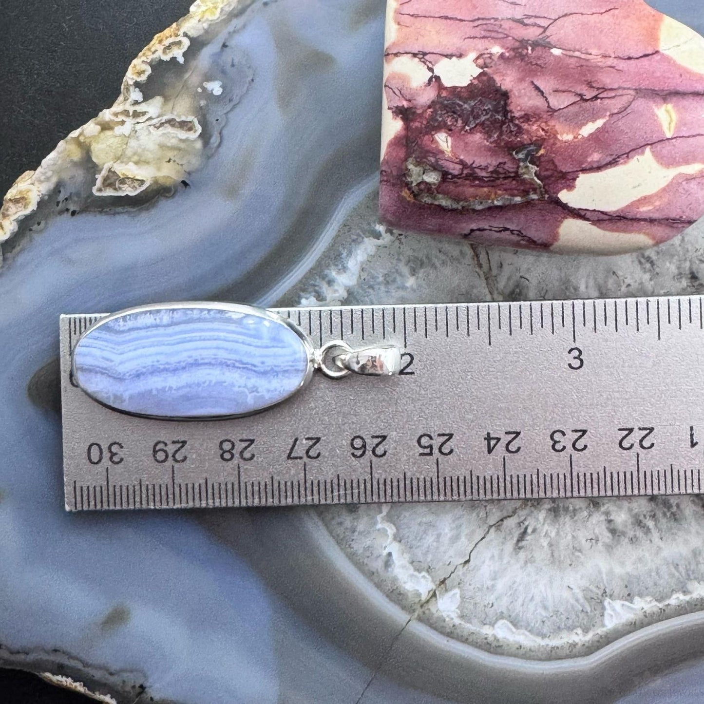 Sterling Silver Southwestern Style Elongated Oval Blue Lace Agate Pendant For Women
