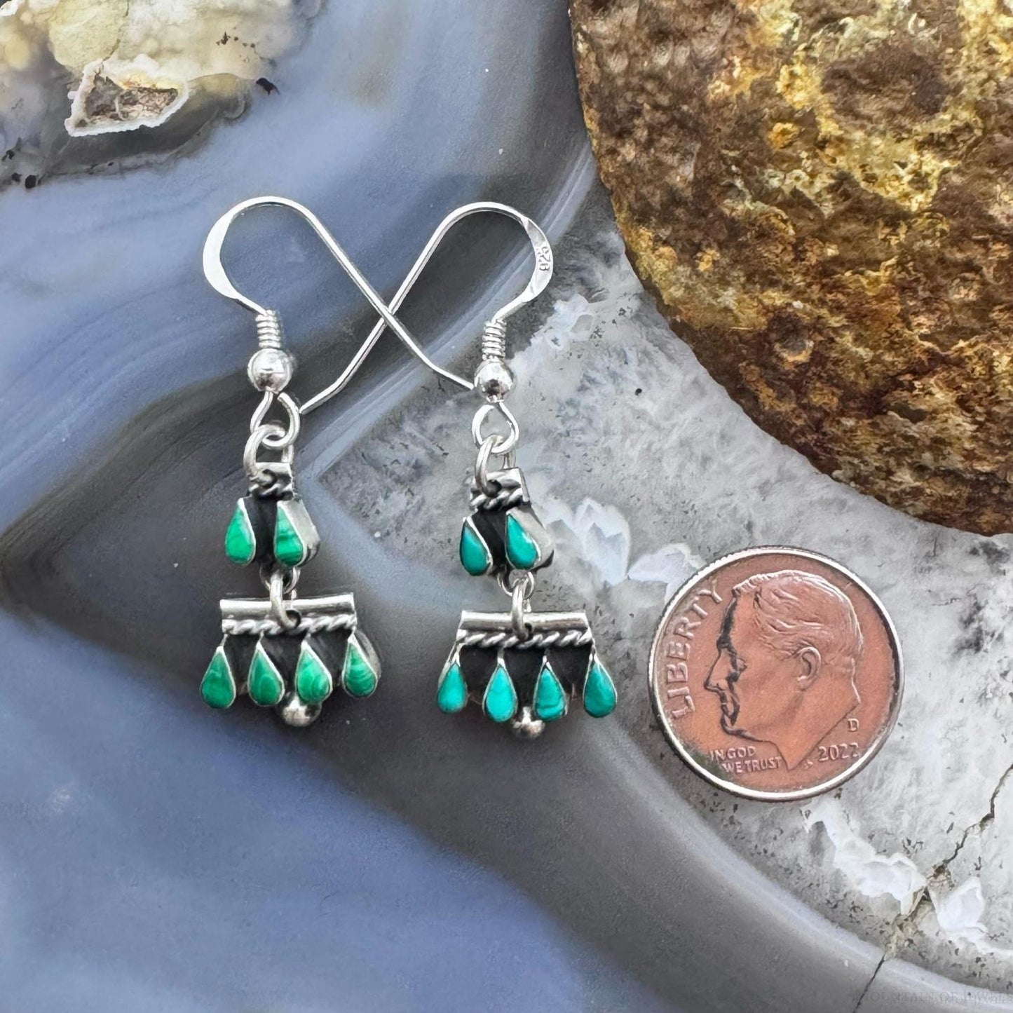 Sterling Silver Southwestern Teardrop Malachite Tiny Dangle Earrings For Women