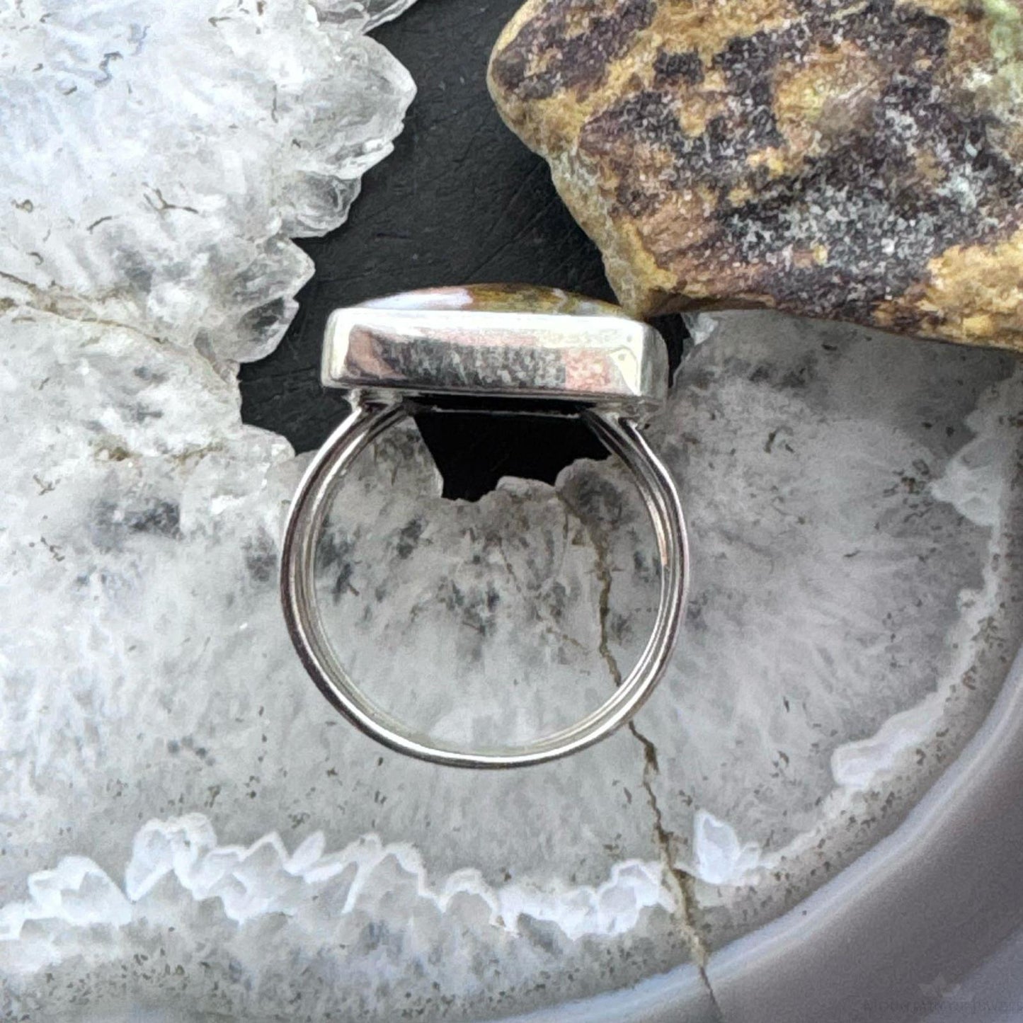 Sterling Silver Southwestern Style Rectangle Moroccan Seam Agate Ring Size 9.75 For Women
