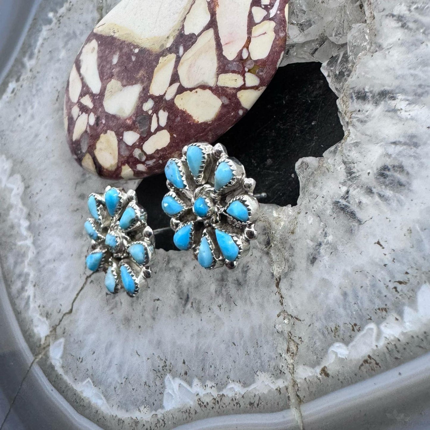 Native American Sterling Silver Turquoise Cluster Stud Earrings For Women #1