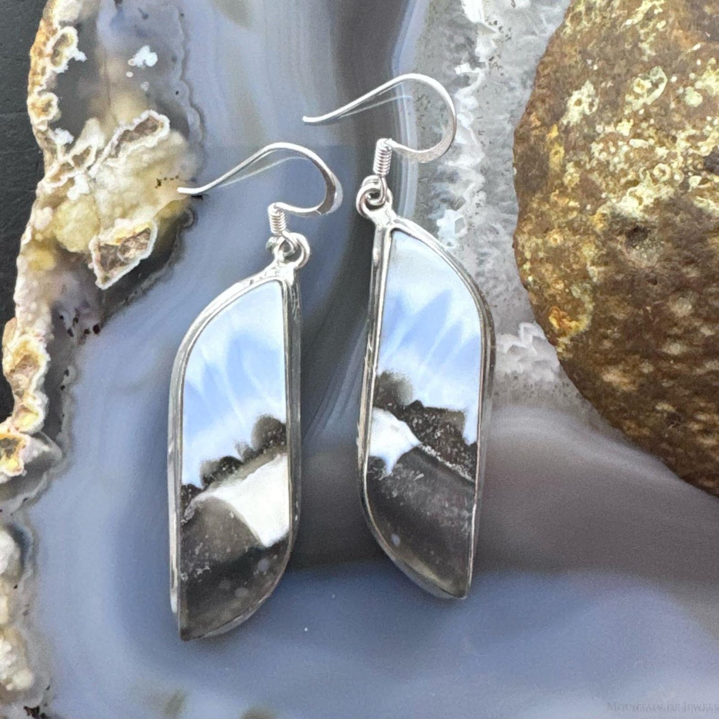 Sterling Silver Southwestern Style Tilde-shape Blue Opal Agate Dangle Earrings For Women