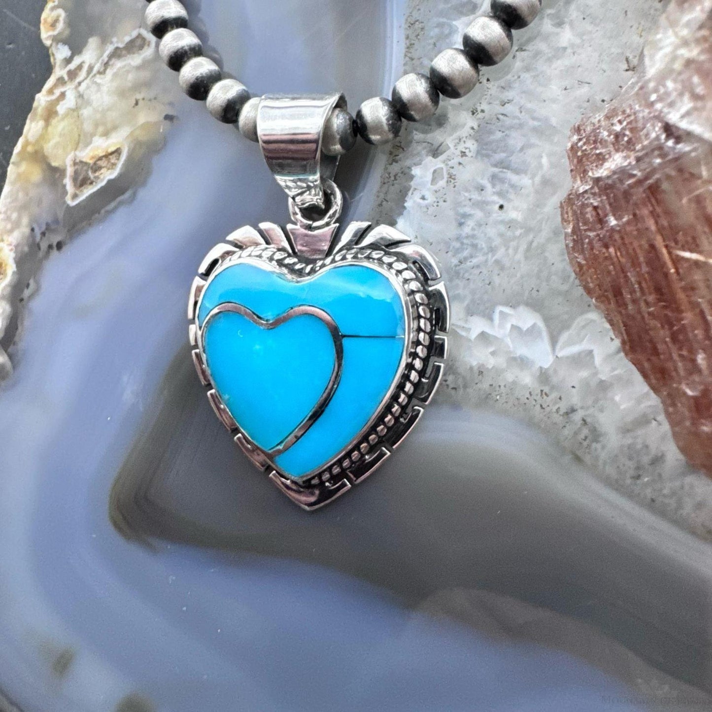 Native American Sterling Silver Kingman Turquoise Decorated Double Heart Pendant For Women