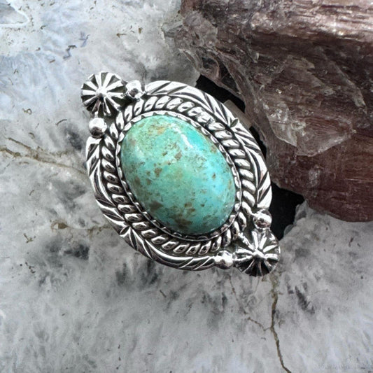 Sterling Silver Southwestern Style Oval Turquoise Decorated Adjustable Ring For Women