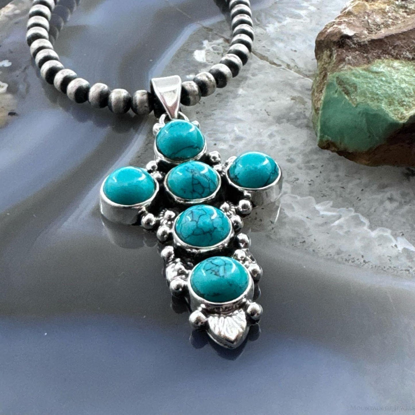 Sterling Silver Southwestern Style Rounded Blue Howlite Cross Pendant For Women