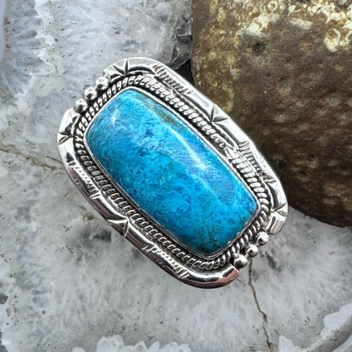Sterling Silver Southwestern Style Chrysocolla Decorated Bar Ring Size 8 For Women