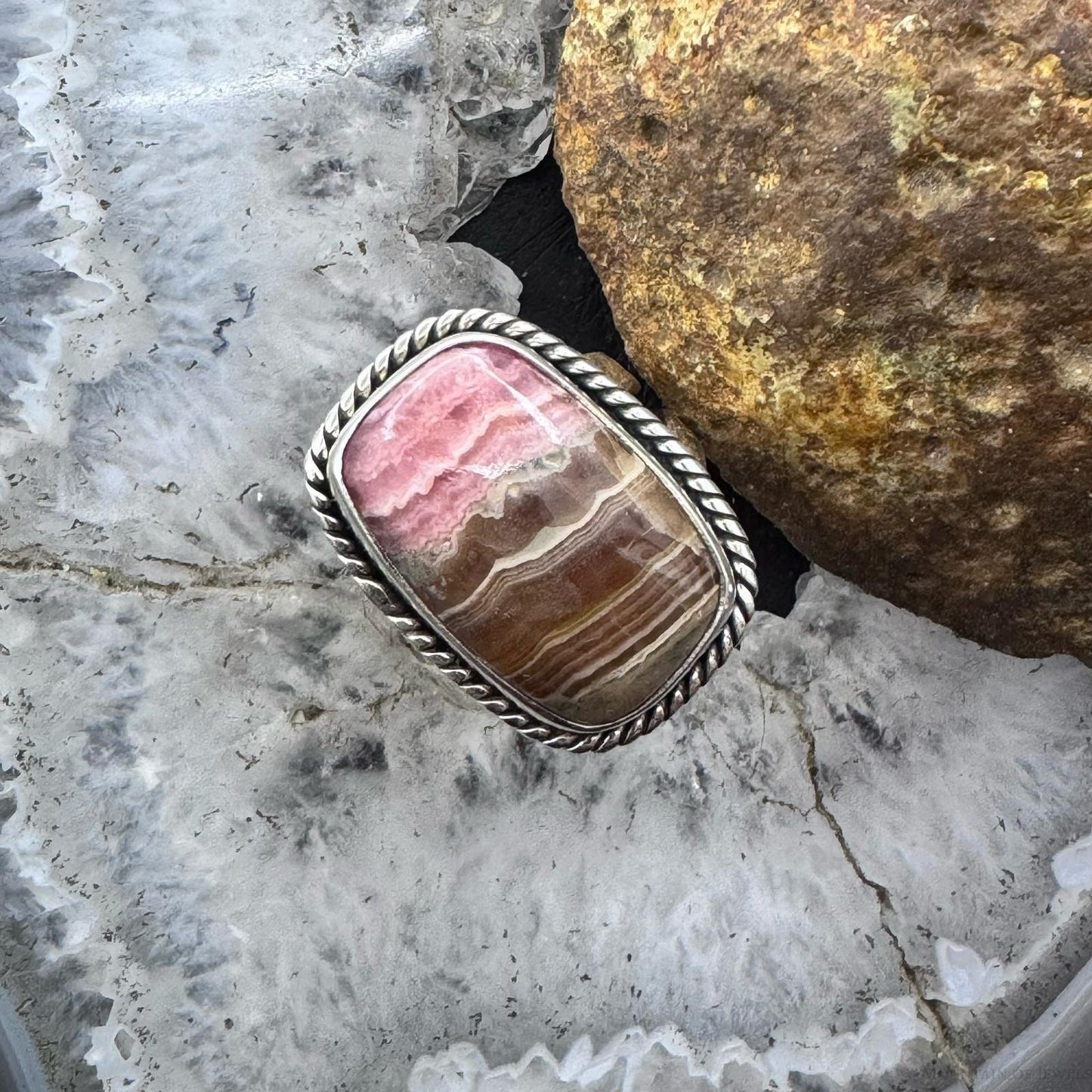 Sterling Silver Southwestern Style Rhodochrosite Bar Ring Size 8.5 For Women