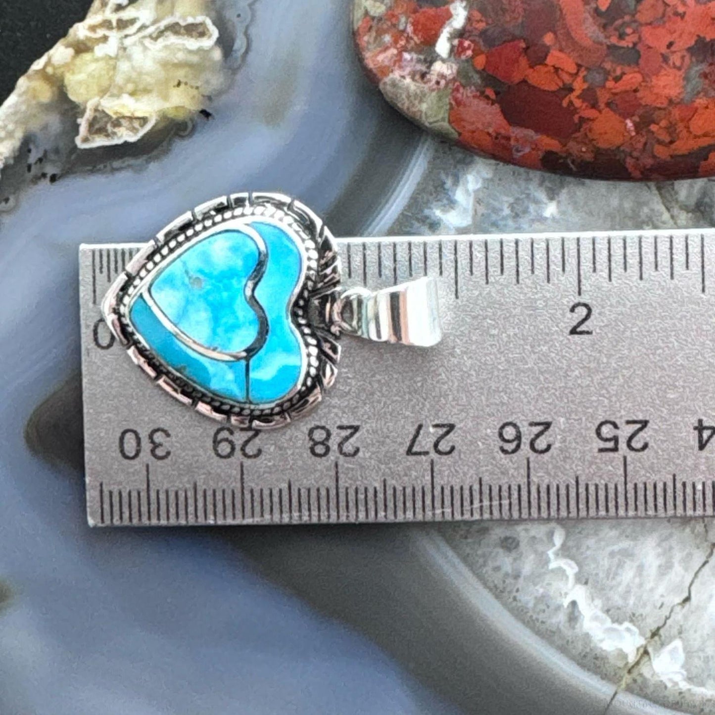 Native American Sterling Silver Blue Ridge Turquoise Decorated Double Heart Pendant For Women