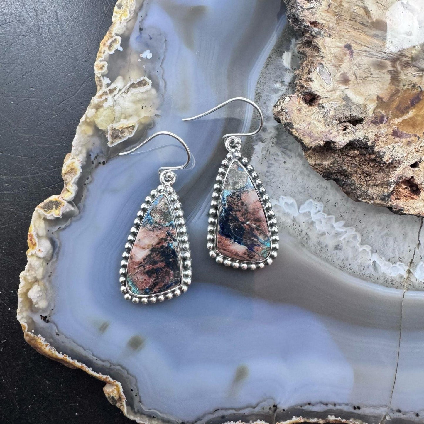 Sterling Silver Southwestern Style Triangle Shattuckite Dangle Earrings For Women