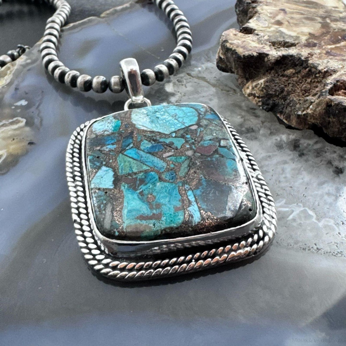 Sterling Silver Southwestern Style Large Square Cooper Turquoise Pendant For Women