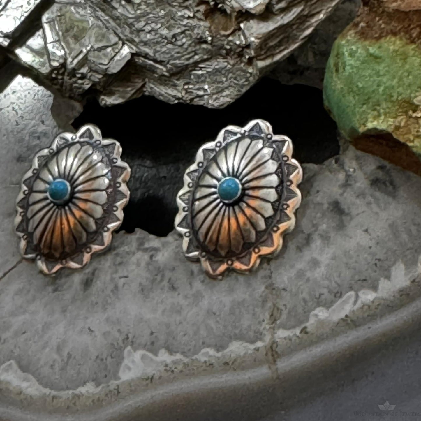Native American Sterling Turquoise Dot Oval Concho Stud Earrings For Women
